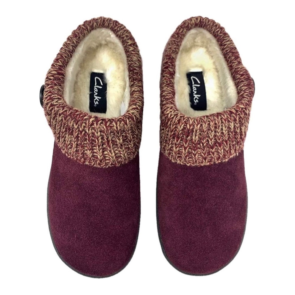 Burgundy Suede Leather Knitted Collar Clog Slippers w/Plush Faux Fur Lining 7